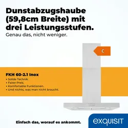 Exquisit Dunstabzugshaube FKH60-2.1 Inox | Kaminhaube | Energieeffizienzklasse C | Inox | 60cm breit | Wandmontag | Aktivkohlefilter