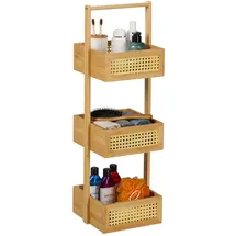 Relaxdays Badregal, 3 Ablagen mit Rattan, HxBxT: 83 x 27 x 26 cm, Standregal für Badezimmer & Küche, Bambus, MDF, natur