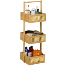 Relaxdays Badregal, 3 Ablagen mit Rattan, HxBxT: 83 x 27 x 26 cm, Standregal für Badezimmer & Küche, Bambus, MDF, natur
