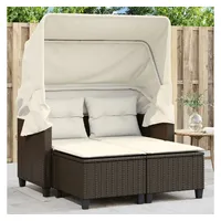 vidaXL Gartensofa 2-Sitzer mit Dach und Hockern Braun Poly Rattan