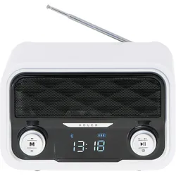 Adler AD1185 Bluetooth-Radio, FM-Tuner, 50 Stationsspeicher, MP3-Wiedergabe, USB- und SD-Kartenanschluss, kabellos, weiß, kabellos, kabellos, weiß.