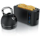Arendo Frühstücks-Set Edelstahl Wasserkocher 1,7l, 4-Scheiben Langschlitz Toaster, schwarz (2-tlg), Frühstücksset, Wasserkocher Retro, Toaster Brötchenaufsatz, Touch schwarz
