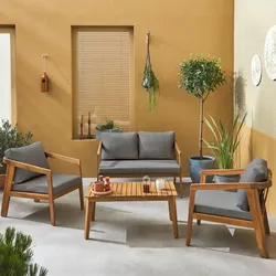 Gartenmöbelset aus-Akazienholz mit grauem Bezug, 1 Sofa + 2 Sessel + 1 Tisch - Loberia