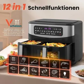 circlio Doppelter Heißluftfritteuse mit Sichtfenster, 10L(4Lx6L) 2600W Kapazität Doppel Airfryer, 12-in-1 Programme, Air Fryer mit Touchscreen, Gesunde Öl- und Fettarme Zubereitung-Cooki G10 Pro