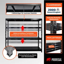 Proregal Schwerlastregal Metall 180x200x60cm schwarz 4 Stahlplatten-Ebenen Fachlast 500kg
