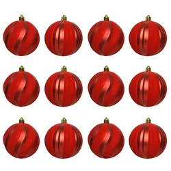 12 Weihnachtskugeln 8cm Kunststoff Samt Streifen geriffelt Christbaumkugeln rot
