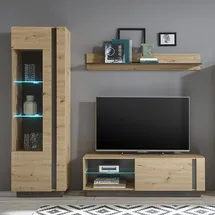 Lomadox Kleine Tv-wohnwand Mit Led-beleuchtung Cardiff-61 In Eiche Artisan Nb. Mit Absetzungen In Graphit Grau, B/h/t: Ca. 208/194/40 Cm