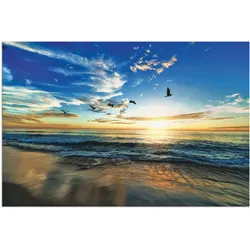 Wandbild ARTLAND "Strand Möwen Meer Sonnenuntergang", blau (farbe bild(er): blau), B:90cm H:60cm, Bilder, als Alubild, Outdoorbild, Leinwandbild, Poster, Wandaufkleber