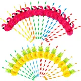 Cocktail Strohhalme, 50 Stück Flamingo Papierstrohhalme, Hawaiianische Tropische Party Strohhalme Spaß Trinkhalme Strohhalmen für Tropische Sommer Strand Party Getränk Dekoration (Flamingo + Ananas)