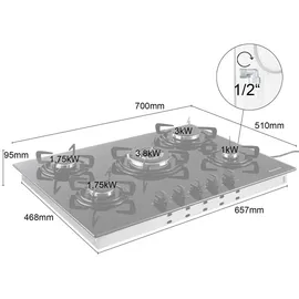 Arebos Glaskeramik Gaskochfeld 5 Flammen