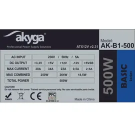 Akyga AK-B1-500 Netzteil 500W, 120mm leiser Lüfter grau