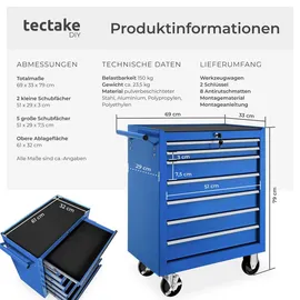 Tectake Werkzeugwagen, 7 kugelgelagerte Schubladen mit Antirutschmatten, zentrale Sicherheitsverriegelung, Rollen Ø 100 mm