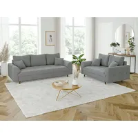 S-Style Möbel Polstergarnitur 3+2 Leif mit Braun Holzfüßen im skandinavischen Stil aus Boucle-Stoff, (1x 3-Sitzer-Sofa, 1x 2-Sitzer-Sofa), mit Wellenfederung grau