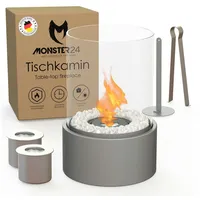 Monster24 Tischfeuer Bio-Ethanol Tischkamin für Indoor & Outdoor, Echtfeuer-Dekokamin (Höhe 30 cm / Durchmesser 20 cm) grau 30 cm