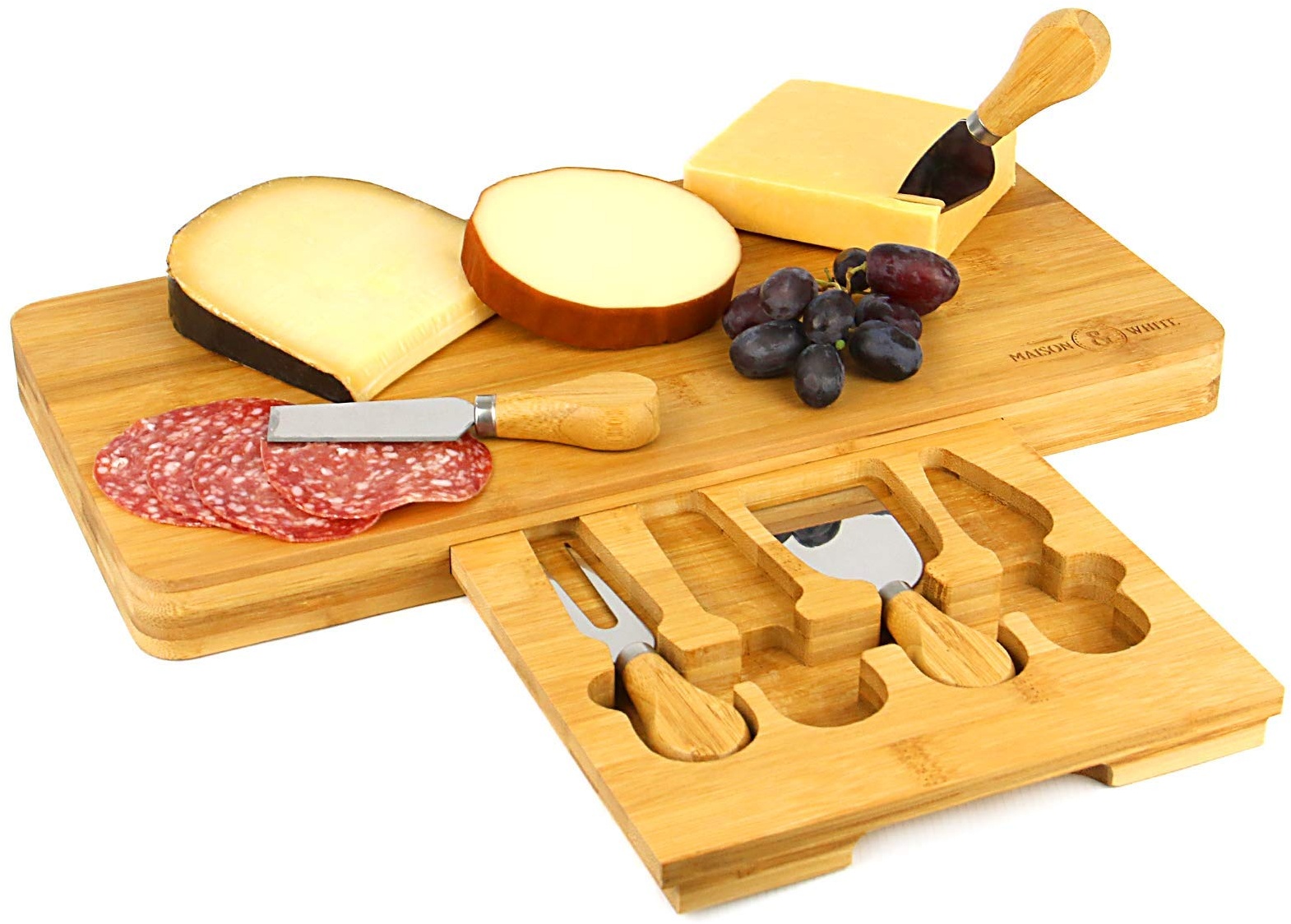Käsebrett aus Bambus | Holzplatte | Integriertes 4-teiliges Käsemesser-Set | Dinner-Party | M&W