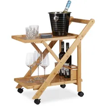 Relaxdays Küchenwagen Bambus, Servierwagen klappbar mit Flaschenhalter, Rollwagen Holz, Holzwerkstoff, Kunststoff, 40.5x70x65 cm, natur