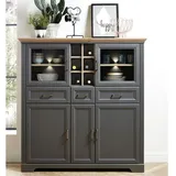 Stella Trading JASMIN Highboard in Artisan Eiche Optik, Graphit - Wohnzimmerschrank mit Schubladen und LED-Beleuchtung im Landhausstil - 143 x 150 x 42 cm (B/H/T)