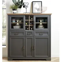 Stella Trading JASMIN Highboard in Artisan Eiche Optik, Graphit - Wohnzimmerschrank mit Schubladen und LED-Beleuchtung im Landhausstil - 143 x 150 x 42 cm (B/H/T)