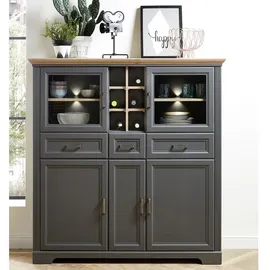 Stella Trading JASMIN Highboard in Artisan Eiche Optik, Graphit - Wohnzimmerschrank mit Schubladen und LED-Beleuchtung im Landhausstil - 143 x 150 x 42 cm (B/H/T)