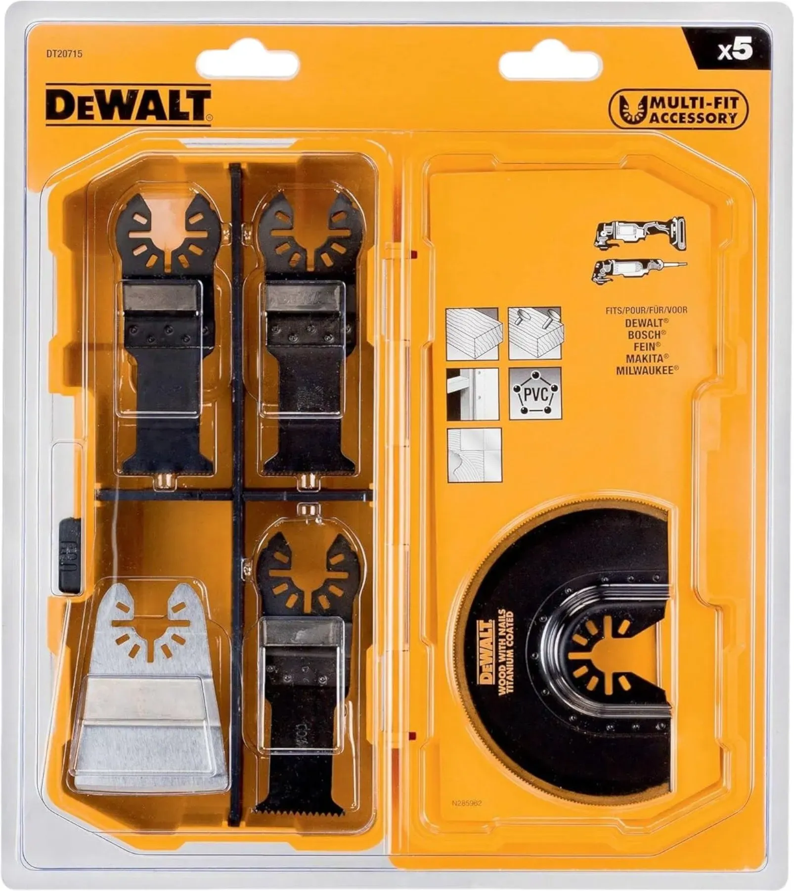 DeWalt DT 20715-QZ Multitool Zubehör 5 tlg. für Holz, Holz mit Nägeln, Kunststoff, Gipskarton, Lack- und Kleberesten
