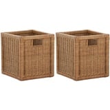 korb.outlet Set / 2 Regalkorb Braun-Hell ca. 28x29x30 mit Holzrahmen Rattan Schubfach Box zur Aufbewahrung Schrankkorb Griff