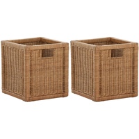 korb.outlet Set / 2 Regalkorb Braun-Hell ca. 28x29x30 mit Holzrahmen Rattan Schubfach Box zur Aufbewahrung Schrankkorb Griff