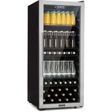 Klarstein Beersafe Getränkekühlschrank 242 L – Kühlschrank mit Glastür, Silber-Schwarz | LED-Beleuchtung, herausnehmbare Metallablagen, leise, Flaschenkühlschrank für Getränke & Dosen