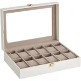 SONGMICS Uhrenbox mit 12 Fächern, Uhrenbox, Schatulle, Glasdeckel, abnehmbare Polster, Schloss aus Metall, Beschichtung in Wolkenweiß und Futter in Cappuccino-Beige JWB120W01