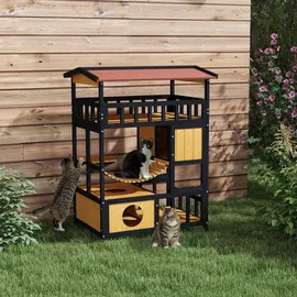 PawHut Katzenhaus Katzenhöhle mit Plattformen, Hängebrück für bis zu 2 Katzen - Gelb