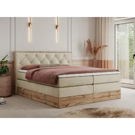 MKS Meble King Boxspringbett 180x200 mit Bettkasten Eiche, Polsterbett 180x200 mit Matratze H3, Bett 180x200 mit Kopfteil, Bett mit Holzrahmen in W... - Beige