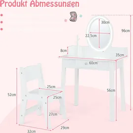 Costway 2 in 1 Kinder Schminktsich mit Hocker, Frisiertisch mit beleuchtetem Spiegel, Schublade & Schmuck-Organizer, Kosmetiktisch Prinzessin aus H... - Weiß