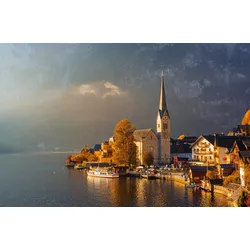 Fototapete PAPERMOON "HALLSATT-ALPEN DORF SALZKAMMERGUT SEE SALZ", bunt, B:3,50m L:2,60m, Vlies, Tapeten