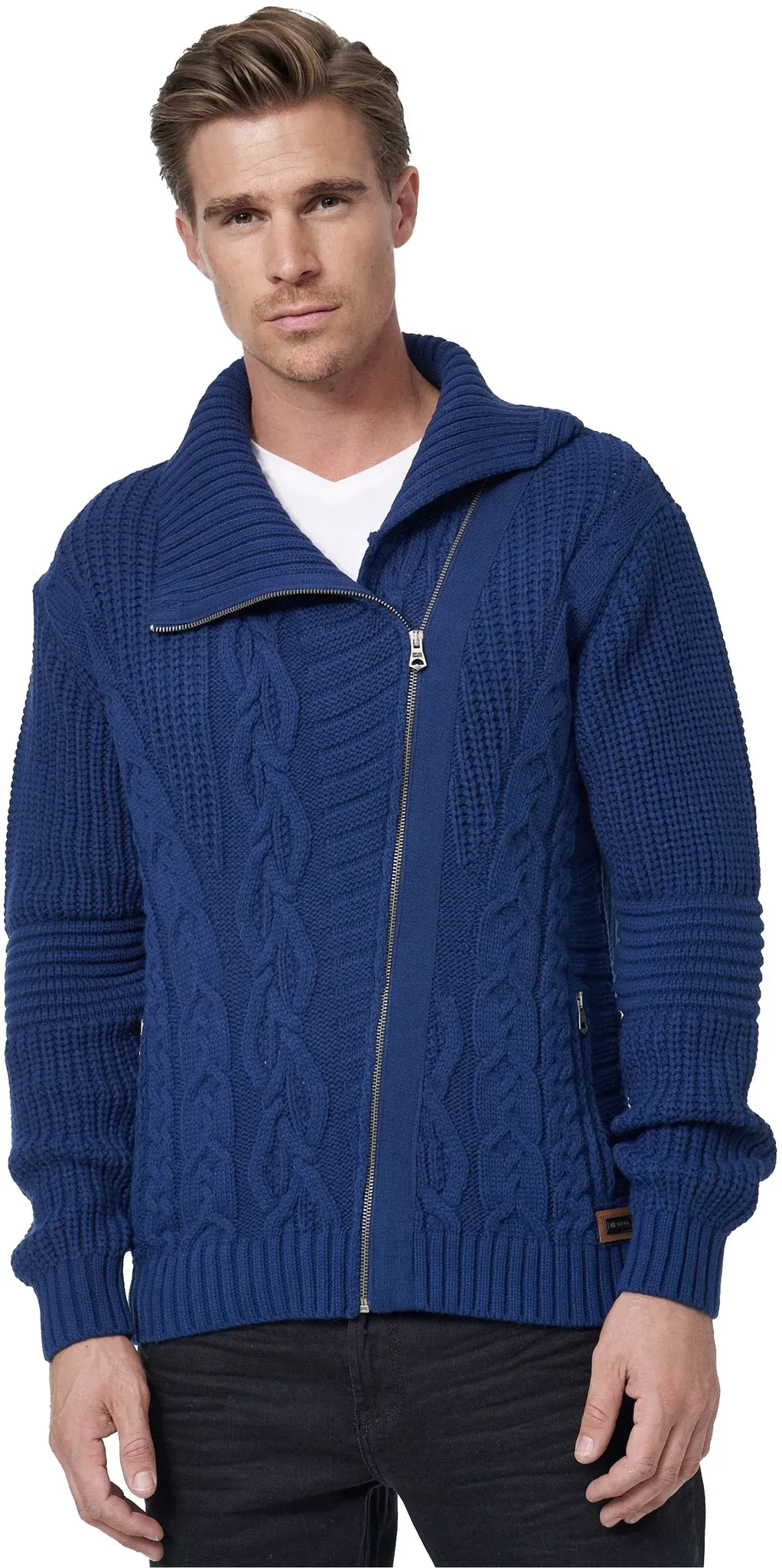 Strickjacke RUSTY NEAL, Herren, Gr. XL, blau (indigo), 70% Polyacryl, 30% Baumwolle, unifarben, hoch geschlossener Ausschnitt, Strickjacken Strickjacke, mit asymmetrischem Reißverschluss
