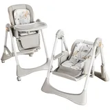 Prokoke PU-Leder Kinderhochstuhl, Schaukel & Babyfütterungs Doppelmodus, Zusammenklappbar und Umbaubar Kleinkinderhochstuhl mit Einstellmöglichkeiten, Abnehmbarem Doppeltablett, Rädern (8121 Grey)