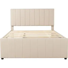Flieks Polsterbett mit Unterbett, Doppelbett Jugendbett mit Lattenrost und Schubladen, Kinderbett Holzbett Gästebett Tagesbett 140x200/90x190cm, L... - Beige