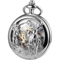 TREEWETO Unisex Taschenuhr Analog Handaufzug Retro Rentier Skelett Römische Doppel-Cover Taschenuhren mit Kette für Herren, Silber