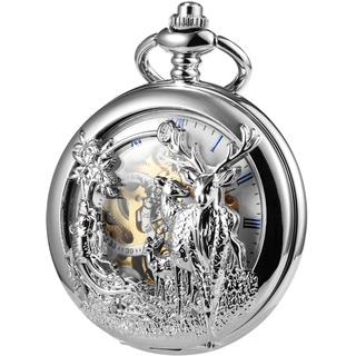 TREEWETO Unisex Taschenuhr Analog Handaufzug Retro Rentier Skelett Römische Doppel-Cover Taschenuhren mit Kette für Herren, Silber