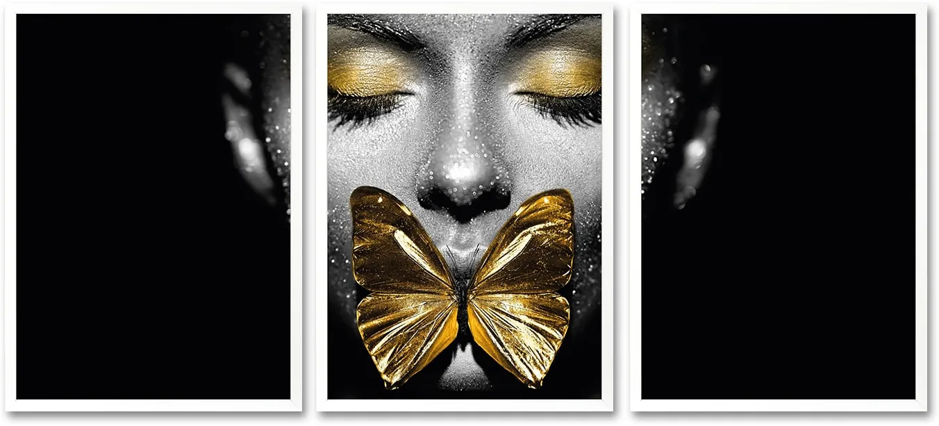 Leonique Bild mit Rahmen »Gesicht Schmetterling Gold - Gerahmter Digitaldruck - Wandbild«, (3er-Set), 3x 30x40 cm - Holzrahmen - Dekoration - Weißer Rahmen - Triptychon Leonique Gold