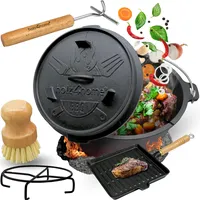 holz4homeâ® holz4home® Dutch Oven Set I 9L aus Gusseisen I inkl. Pfanne, Topfständer, Deckelheber Reinigungsbürste