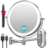 Auxmir Kosmetikspiegel mit Beleuchtung, 1X/30X Wiederaufladbar Schminkspiegel, 3200mAh Rasierspiegel Wandmontage, Dimmbar Vergrößerungsspiegel mit 3 Lichtfarben, 360° Drehbar für Badezimmer