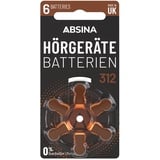 Absina Hörgerätebatterien 312 6 Stück mit gut greifbarer Schutzfolie - Batterien für Hörgeräte 312 Zink Luft mit 1,45V - Typ 312 Hörgeräte Batterie Braun - PR41 ZL3 P312 Hörgerätebatterien