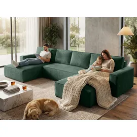 beautysofa | Ecksofa PARYS U - 390 cm, Ecksofas mit Schlaffunktion und Bettkasten, Modernes Schlafsofa in Grün - Grün