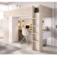 HOCHBETT MIT Schreibtisch UND Schrank Biniki, Weiße Eiche, 205 x 112 x 177 cm, Hochbett mit Schreibtisch und Kleiderschrank für Jugendliche
