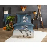 Good Morning Kinder Bettwäsche mit Pferd - 135x200 cm - Flanell/ Biber - Blau
