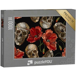 puzzleYOU Puzzle Puzzle 1000 Teile XXL „Gothic-Motiv menschl. Schädel und rote Mohnblum, 1000 Puzzleteile, puzzleYOU-Kollektionen Gothik
