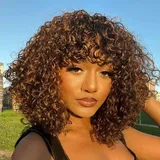 FASHION IDOL Bob Curly Echthaar-Perücken mit Pony Jerry Curl Bob Perücken Echthaar brasilianische Virgin Echthaar keine Lace Front Perücken für Frauen (30CM, P4/30/27)