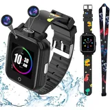 OKYUK 4G GPS Kinder Smartwatch Telefon, Wasserdichtes und Sicheres Smartwatch-Telefon, HD-Großbildschirm, mit Anruf Sprachnachricht SOS Digitalkamera Wecker, 3-12 Jahre Kinder Student(T13-Schwarz)