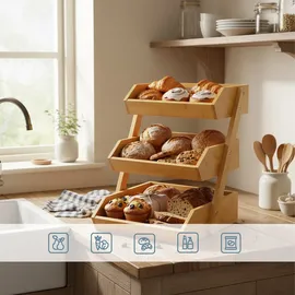 Relaxdays Obst Etagere Bambus, 3 Etagen, HBT 41x33x30 cm, Korbetagere für Obst, Gemüse & Gebäck, Obstschale Küche, Natur