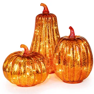 KI Store Glas Kürbis beleuchtet mit Timer Set of 3 LED Kürbis Figuren groß 27/21/15cm Nachtlicht Ornamente für Tafelaufsatz,Erntedankfest Halloween Herbst deko herbstdeko