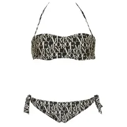 Emporio Armani für Damen. EW000798_AF12190 Logomania schwarz bedrucktes Bandeau-Bikinioberteil mit Wattierung (L), Strandbekleidung, Polyami